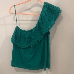 One shoulder ruffle eyelet top